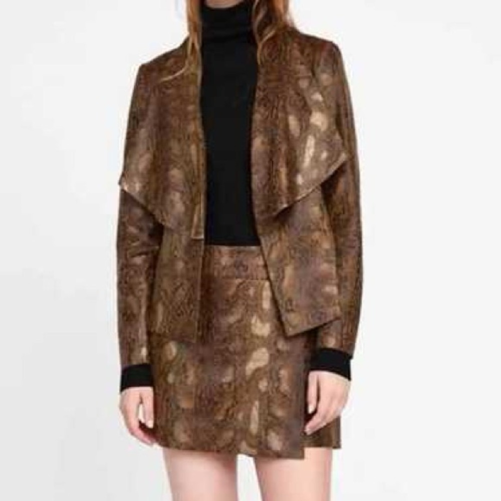Zara Brown Snake Print Faux Suede Blazer Jacket Open Waterfall Collar Small